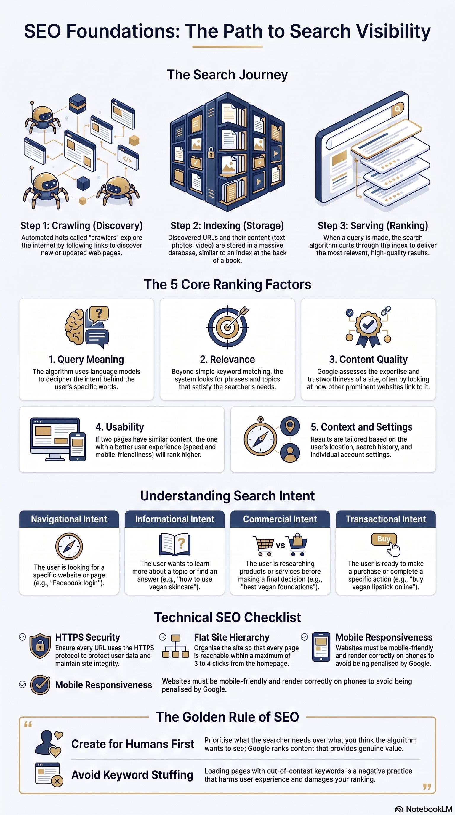 Generated infographic: SEO Foundations — The Path to Search Visibility, covering the search journey (crawling, indexing, serving), the five core ranking factors, and site structure rules