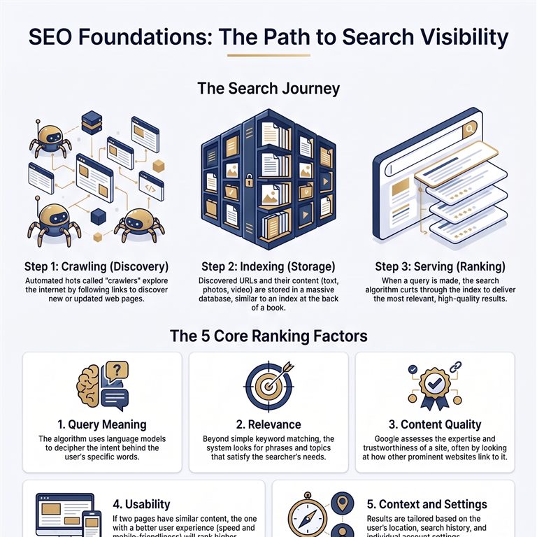 Generated infographic: SEO Foundations — the search journey (crawling, indexing, serving) and the five core ranking factors