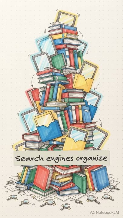 Frame from the generated Instagram Reel: illustrated stack of books and screens — search engines organize the web