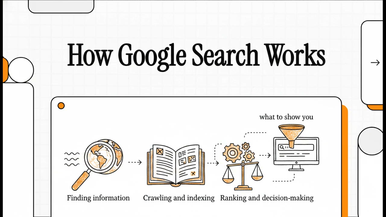 Frame from the generated video: How Google Search Works — finding information, crawling and indexing, ranking